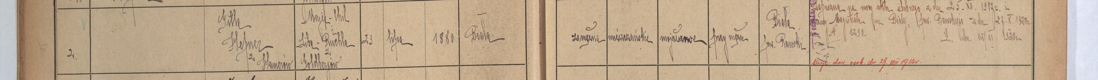 Row 2 of Łódź ledger page 140: Gitla Hepner née Hamer, daughter of Majer-Chil and Liba-Ruchla née Goldberg, born 23 July 1880 in Biała, married on the act of 25 December 1913, transferred from Biała to Łódź in 1920.