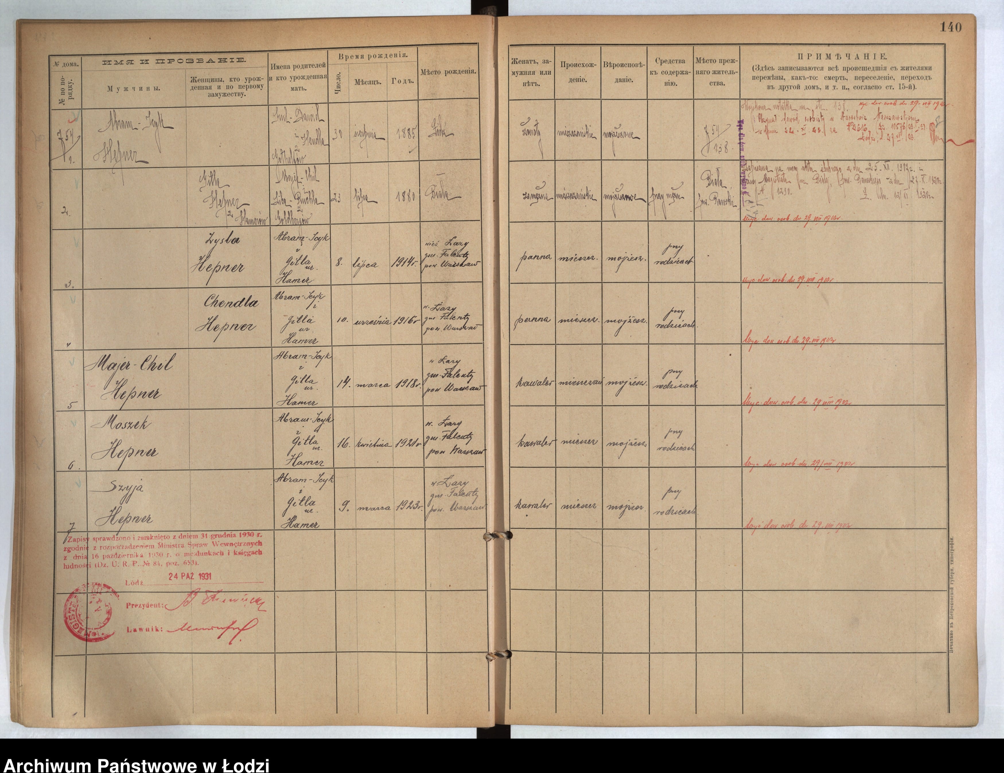 Łódź permanent-population ledger, page 140: Abram-Icyk Hepner, his wife Gitla née Hamer and five children born in Łazy, gmina Falenty, near Warsaw, 1914–1923.