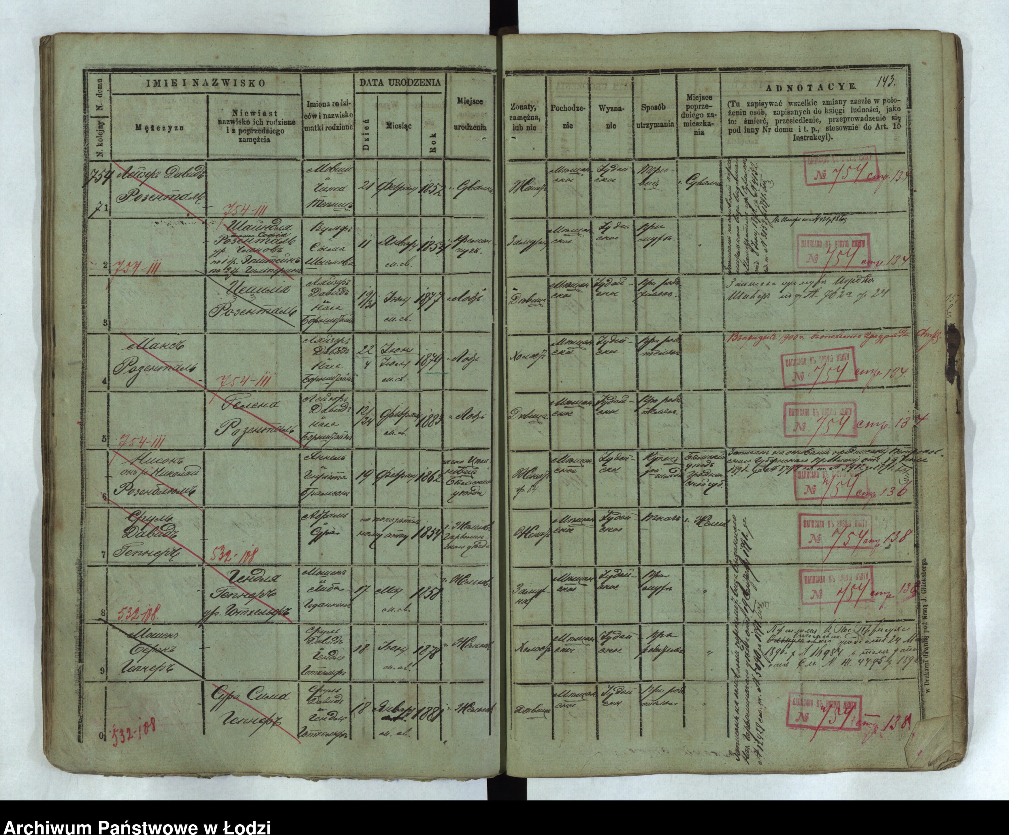 Earlier Łódź population ledger, page 143: at house 754, Srul Dawid Gepner, Hendla née Gottheld, Moszek Berek born 1878 in Żelechów, and Sura Sima born 1881.