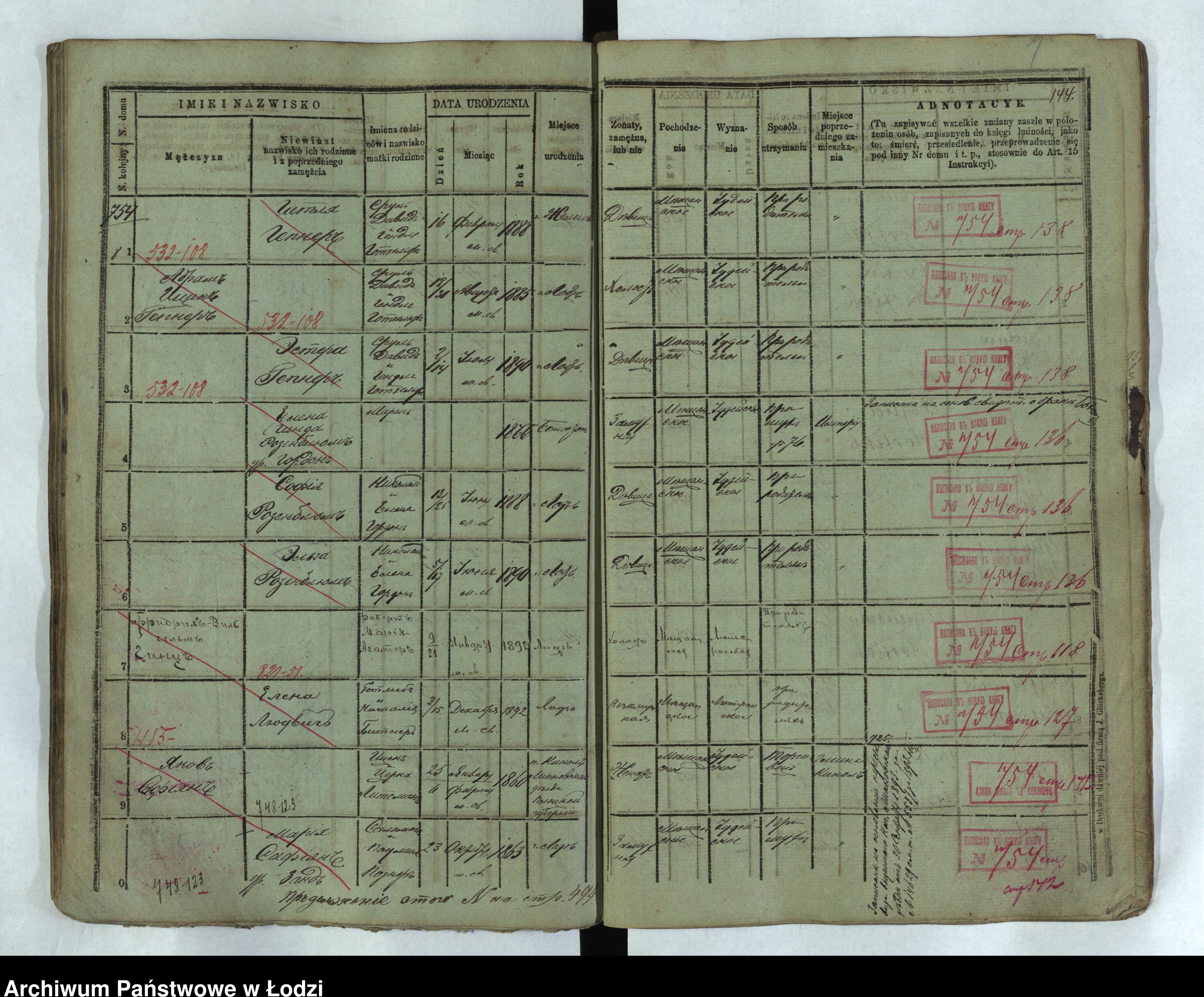 Earlier Łódź population ledger, page 144: Gitla born 1888 in Żelechów, Abram Icek born 30 August 1885 in Łódź, and Estera born 1890, each stamped as entered in the new book, house 754, page 138.